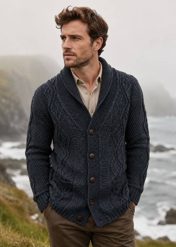 Men's Merino Wool Aran Cardigan | Charcoal