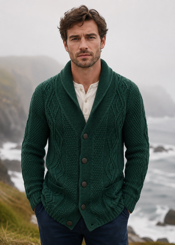 Men's Merino Wool Aran Cardigan | Green