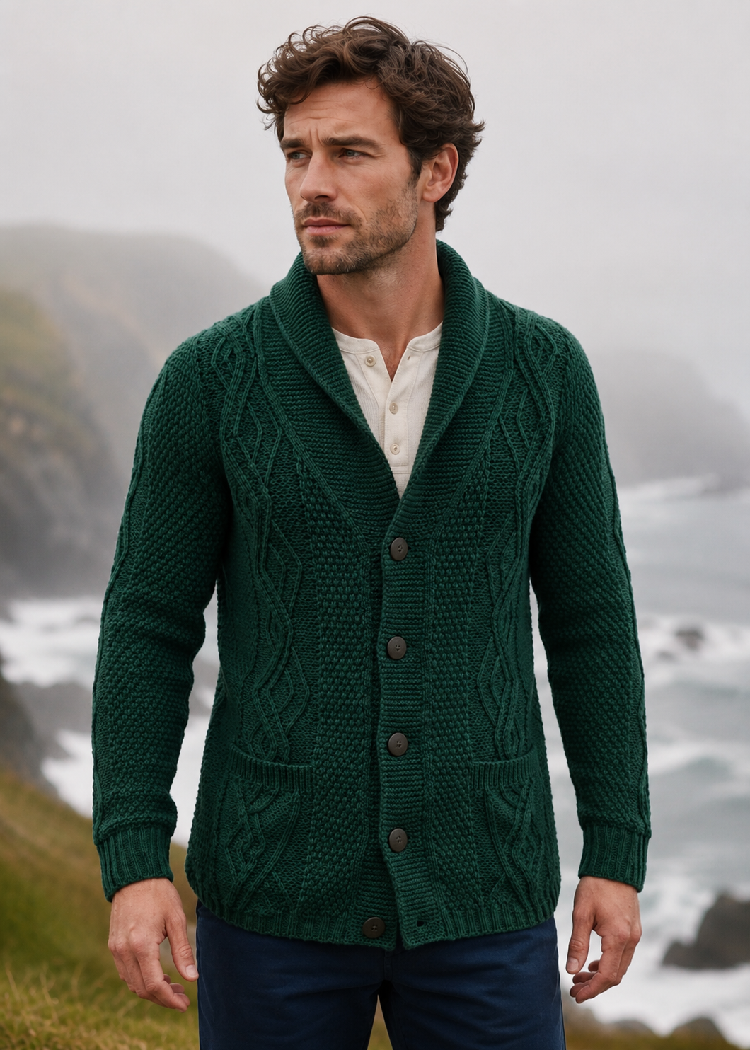 Men's Merino Wool Aran Cardigan | Green