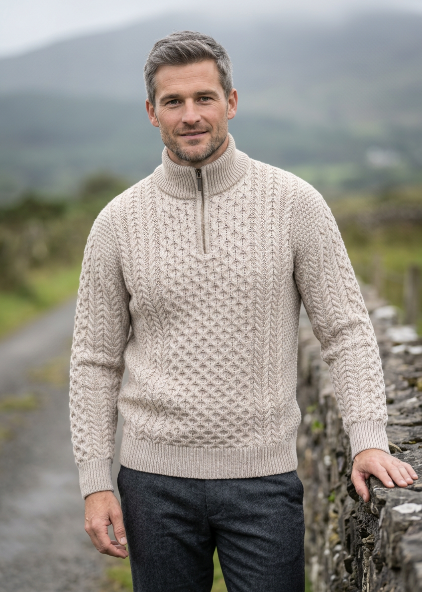 Men's Merino Wool Aran Half Zip Sweater | Camel