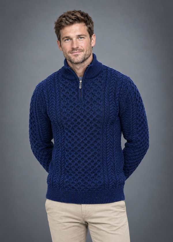 Men's Merino Wool Aran Half Zip Sweater | Deep Water Blue