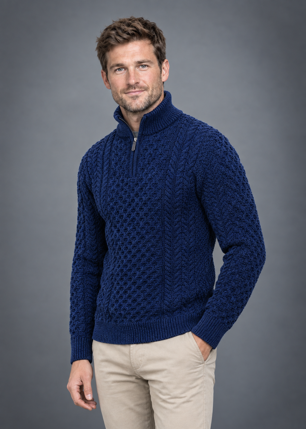 Men's Merino Wool Aran Half Zip Sweater | Deep Water Blue