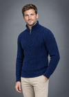 Men's Merino Wool Aran Half Zip Sweater | Deep Water Blue