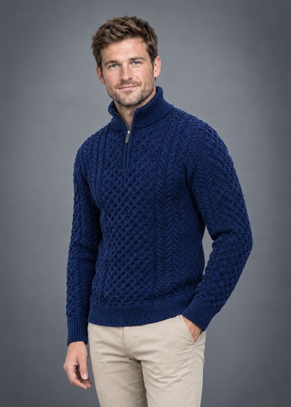 Men's Merino Wool Aran Half Zip Sweater | Deep Water Blue