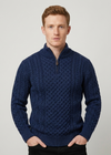 Men's Merino Wool Aran Half Zip Sweater | Deep Water Blue