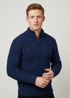 Men's Merino Wool Aran Half Zip Sweater | Deep Water Blue