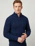 Men's Merino Wool Aran Half Zip Sweater | Deep Water Blue
