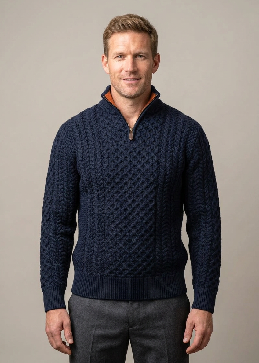 Men's Merino Wool Aran Half Zip Sweater | Navy