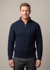 Men's Merino Wool Aran Half Zip Sweater | Navy