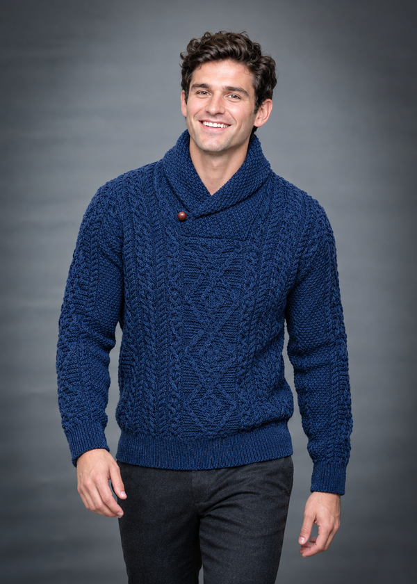 Men's Merino Wool Aran Shawl Neck Sweater | DWB