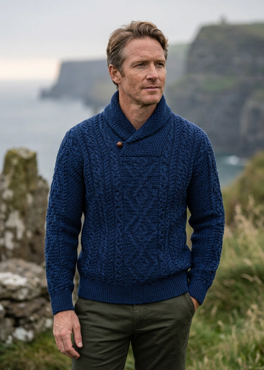 Men's Merino Wool Aran Shawl Neck Sweater | DWB