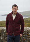 Men's Shawl Collar Aran Cardigan in Wine | 100% Merino Wool