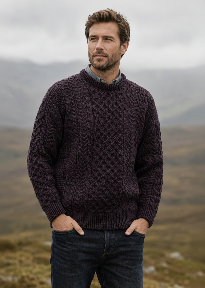 Men's Traditional Aran Merino Wool Sweater | Velvet Plue