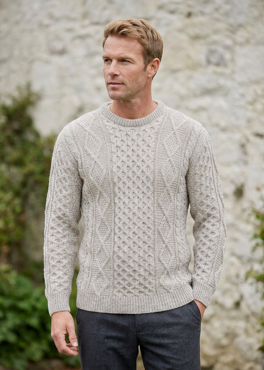Mens Traditional Aran Supersoft Merino Sweater | Grey