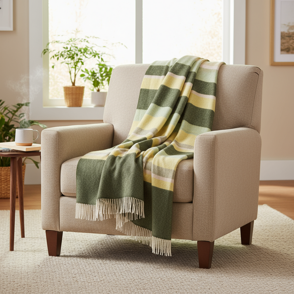 John Hanly Large Lambswool Throw | Green Stripe