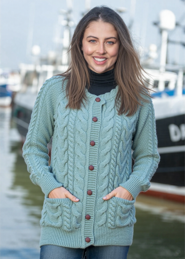 Merino Lumber Aran Cardigan | Aqua