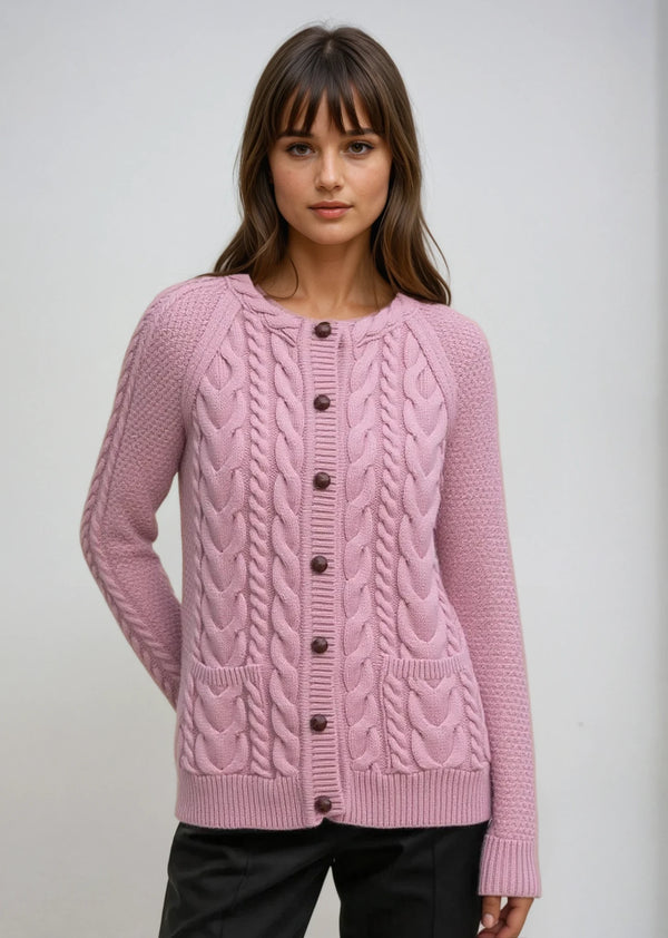 Merino Lumber Aran Cardigan | Pink