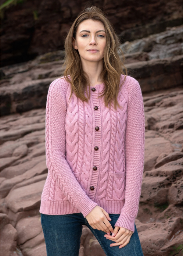 Merino Lumber Aran Cardigan | Pink