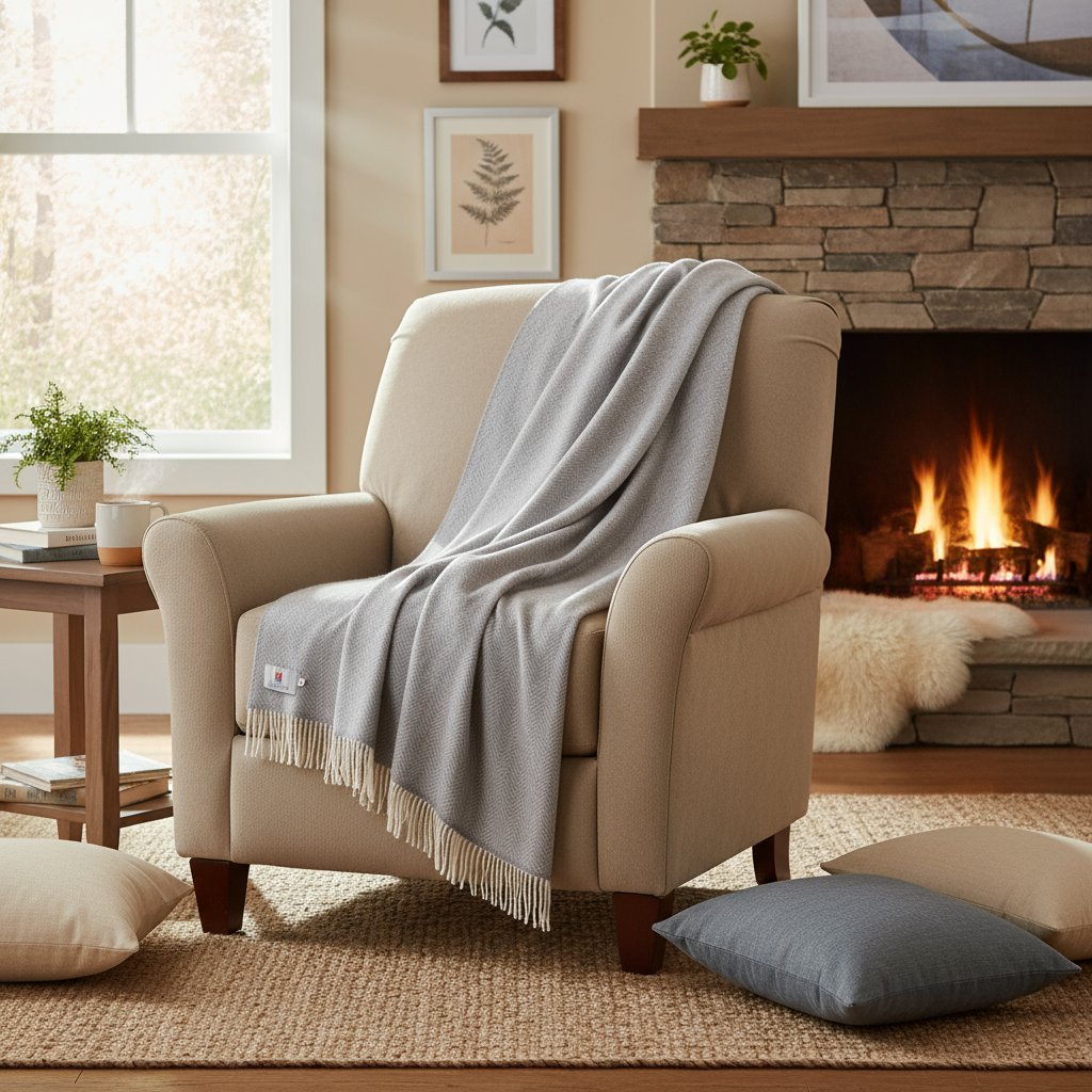 Merino Wool Cashmere Throw Pale Grey & Cream Herringbone