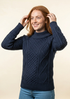 Merino Wool Cowl Neck Aran Sweater | Ocean - Clearance