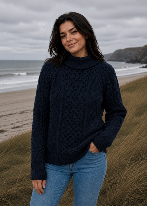 Merino Wool Cowl Neck Aran Sweater | Ocean