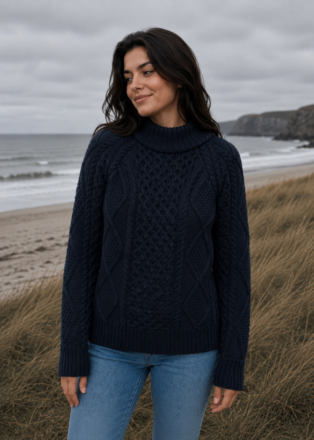 Merino Wool Cowl Neck Aran Sweater | Ocean