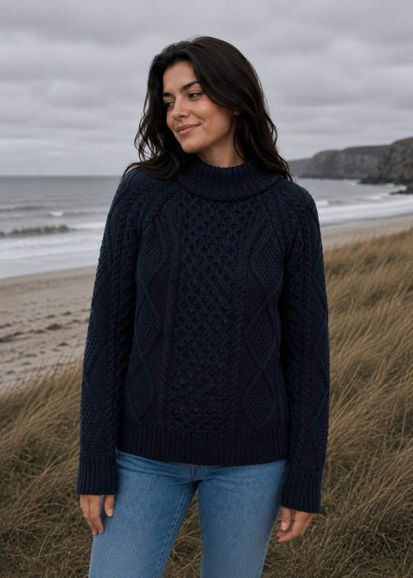 Merino Wool Cowl Neck Aran Sweater | Ocean