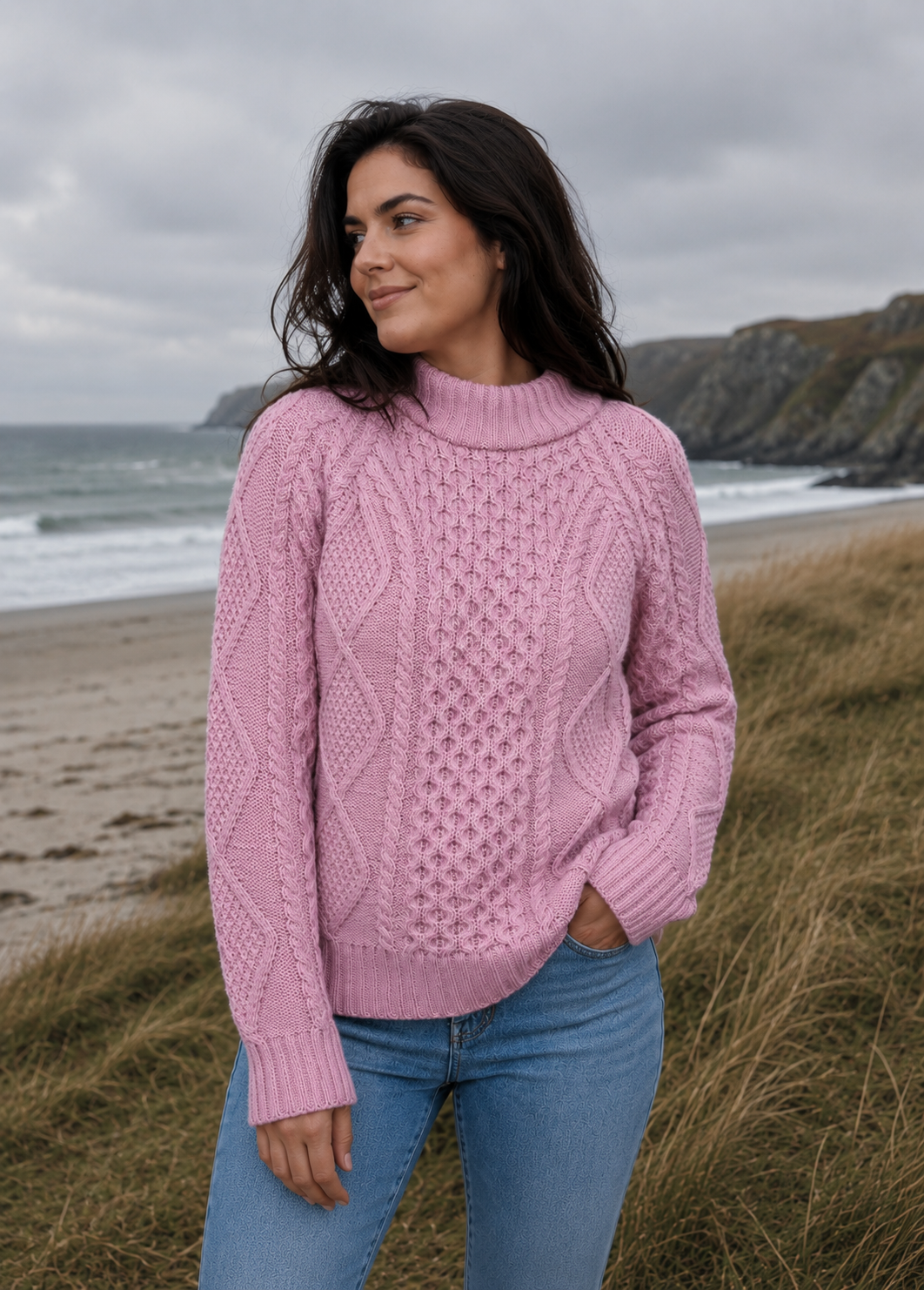 Merino Wool Cowl Neck Aran Sweater | Rose Pink