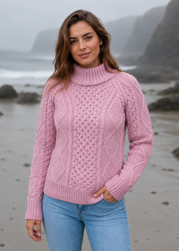 Merino Wool Cowl Neck Aran Sweater | Rose Pink - Clearance