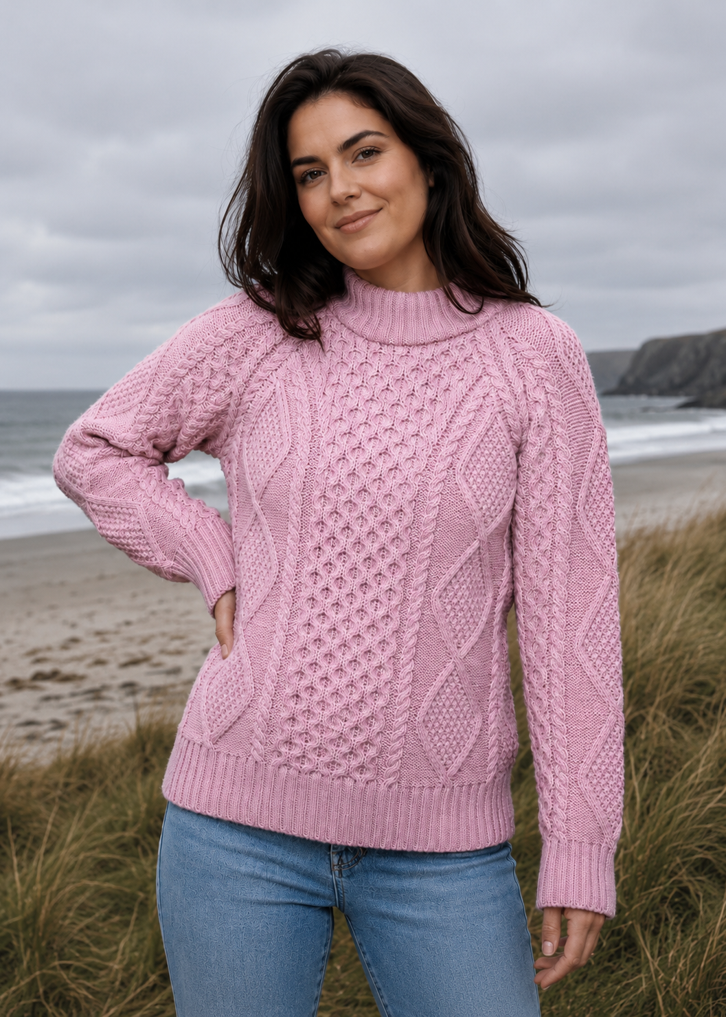 Merino Wool Cowl Neck Aran Sweater | Rose Pink
