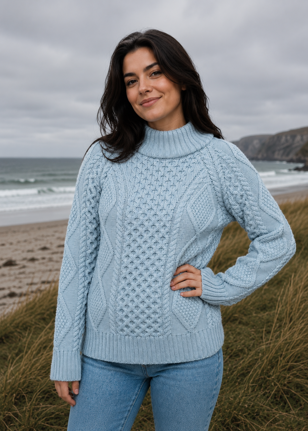 Merino Wool Cowl Neck Aran Sweater | Soft Sky