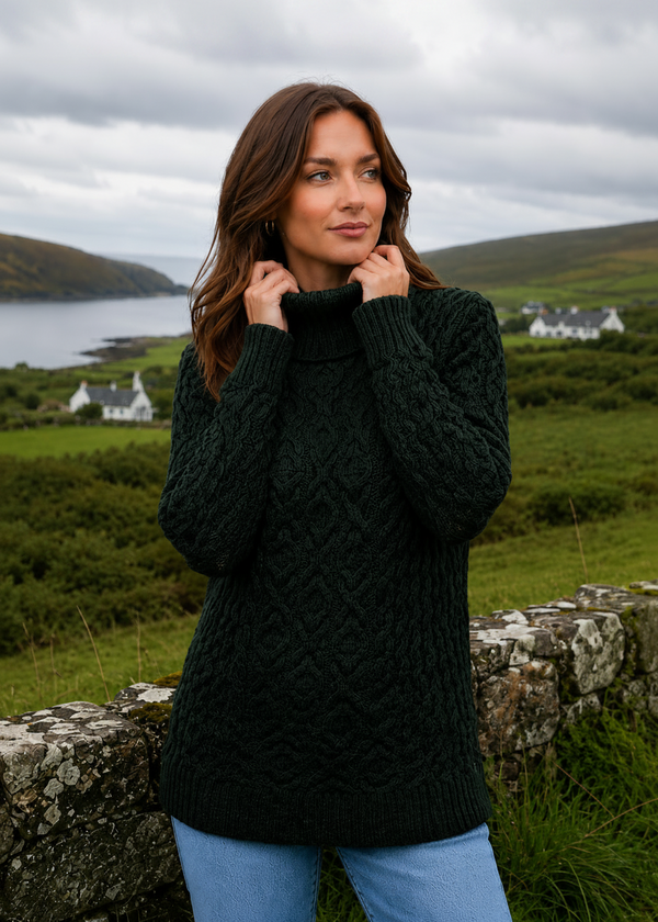 Merino Wool Polo Neck Aran Sweater | Army Green
