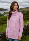 Merino Wool Polo Neck Aran Sweater | Rose Pink