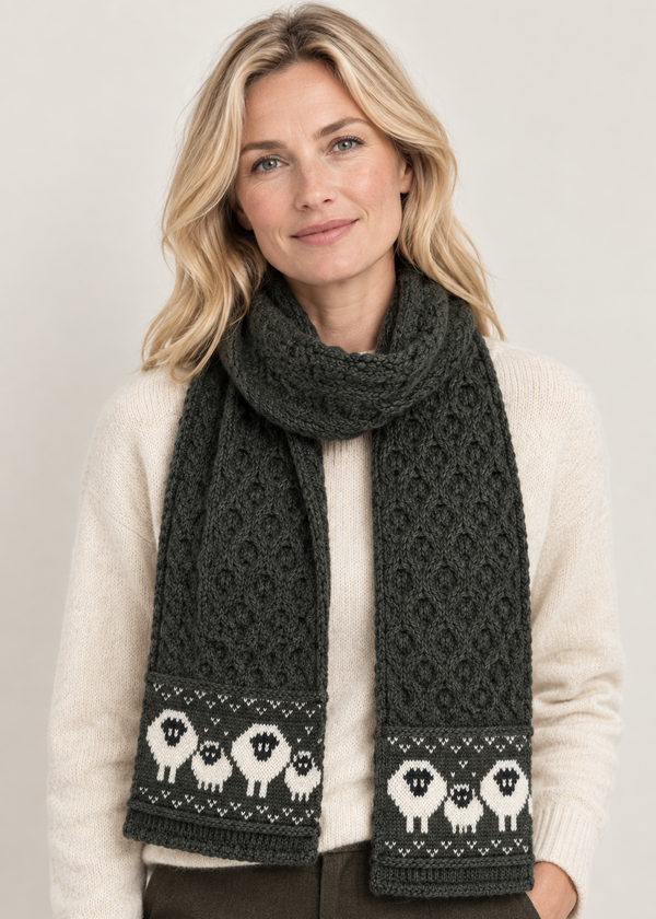 A woman wearing a dark charcoal gray knit scarf with a white and black sheep pattern at the bottom, styled over a cream knit sweater.