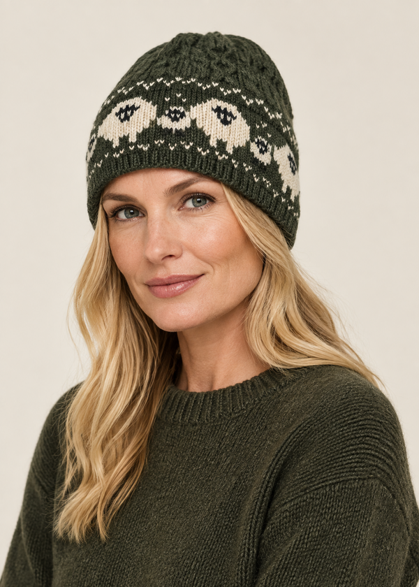 A woman wearing a dark olive green cable-knit beanie with a cream and black Nordic-style pattern, paired with a matching dark green knit sweater, against a solid light beige background.