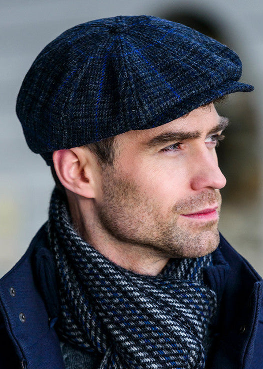Mucros Driving Cap | Premium Charcoal Blue Check Wool Flat Cap