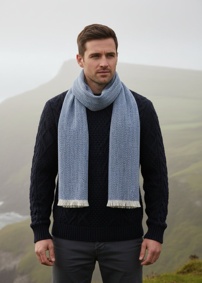 Mucros Blue Herringbone Donegal Wool Scarf | Men's Irish Luxury Scarf