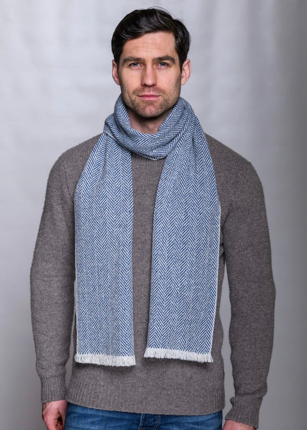 Mucros Blue Herringbone Donegal Wool Scarf | Men's Irish Luxury Scarf