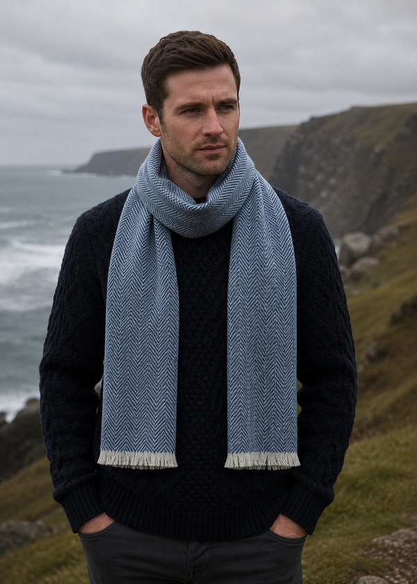 Mucros Blue Herringbone Donegal Wool Scarf | Men's Irish Luxury Scarf