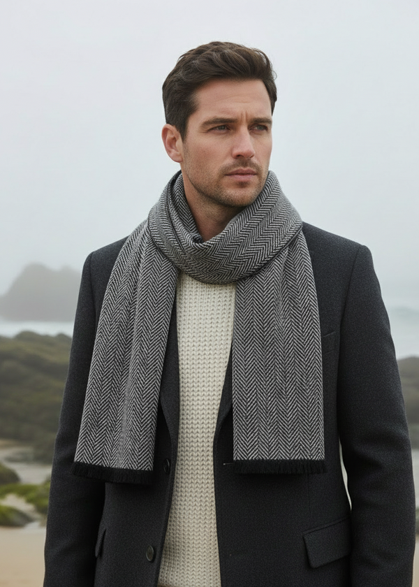 Mucros Donegal Scarf | Black Herringbone