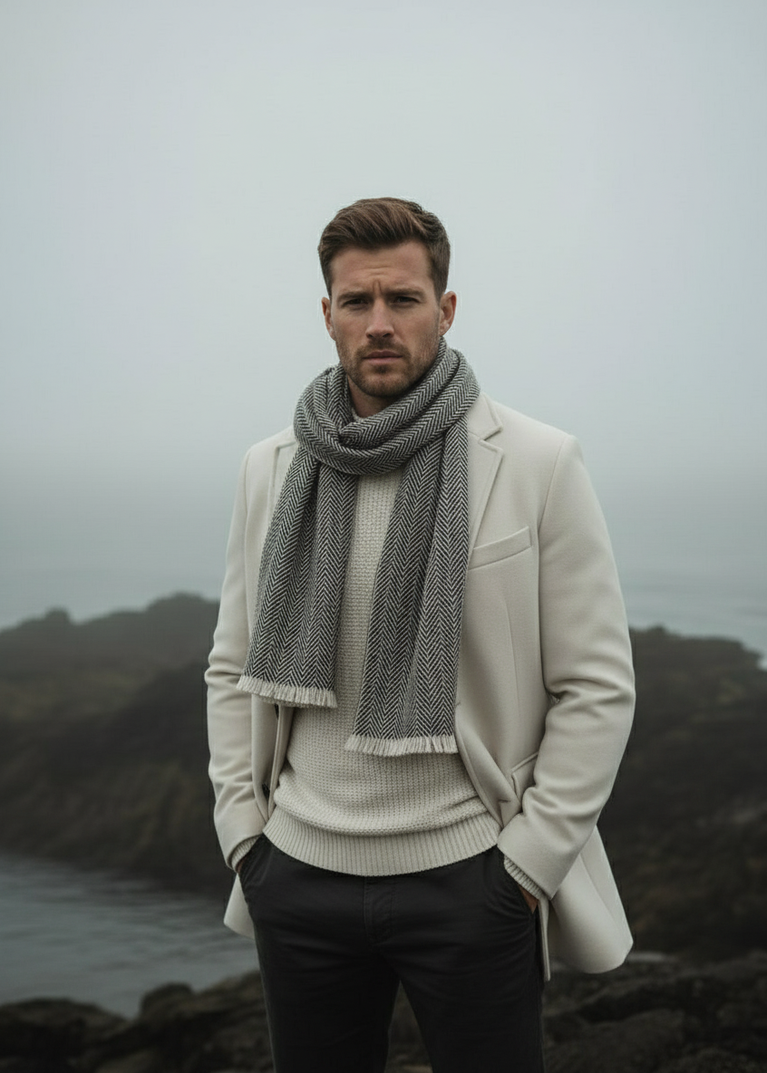 Mucros Donegal Scarf | Grey Herringbone