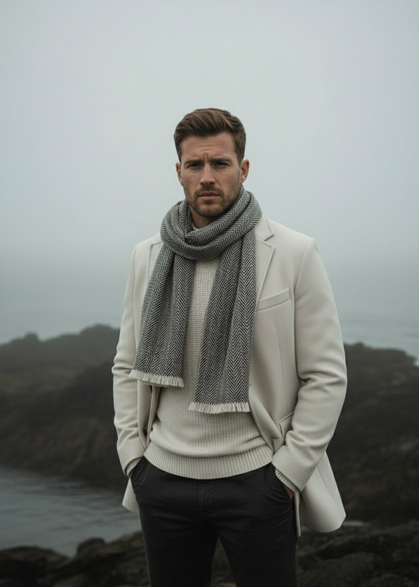 Mucros Donegal Scarf | Grey Herringbone