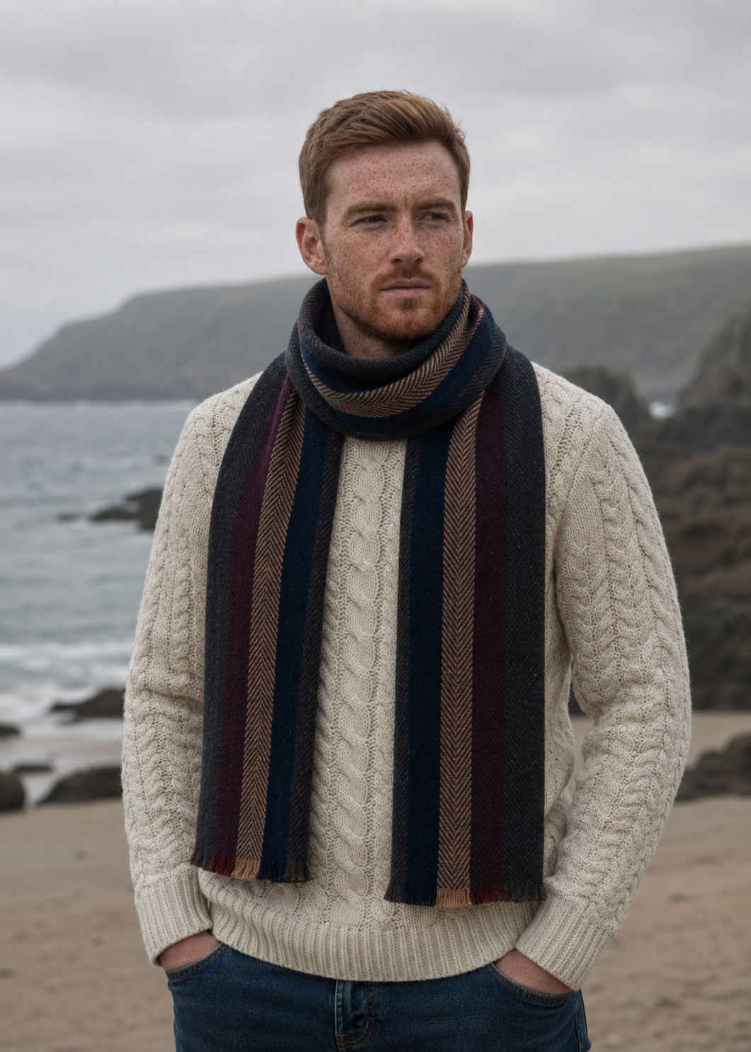 Mucros Donegal Wool Scarf - Mustard Navy | Made in Ireland