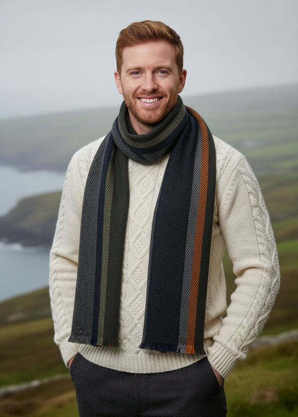 Mucros Donegal Wool Scarf - Premium Irish Made Scarf with Orange Stripe