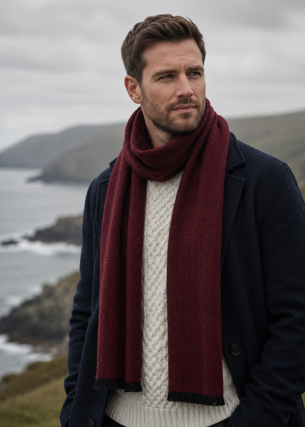 Mucros Donegal Wool Scarf - Red Herringbone | Made in Ireland