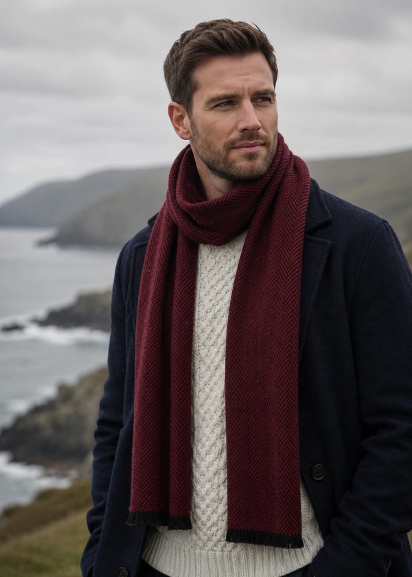 Mucros Donegal Wool Scarf - Red Herringbone | Made in Ireland