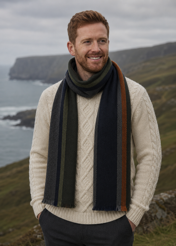 Mucros Donegal Wool Scarf - Premium Irish Made Scarf with Orange Stripe
