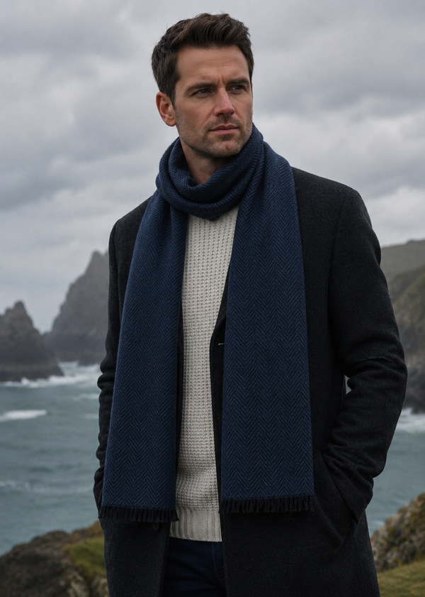Mucros Donegal Wool Scarf | Blue Herringbone | Made in Ireland
