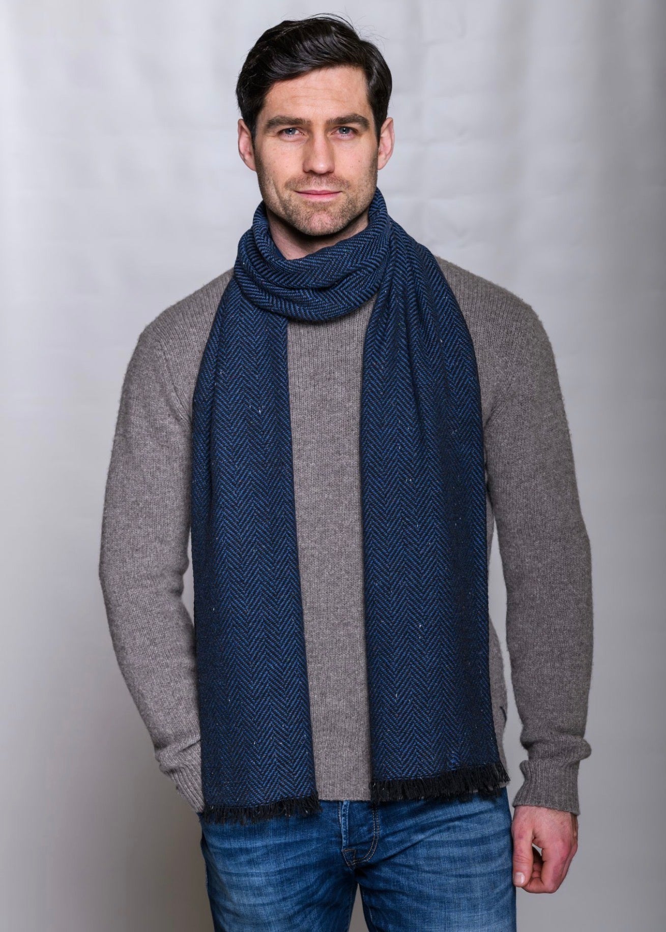 Mucros Donegal Wool Scarf | Blue Herringbone | Made in Ireland