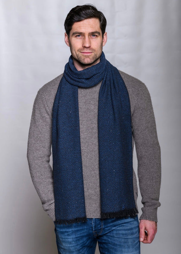 Mucros Donegal Wool Scarf | Blue Herringbone | Made in Ireland
